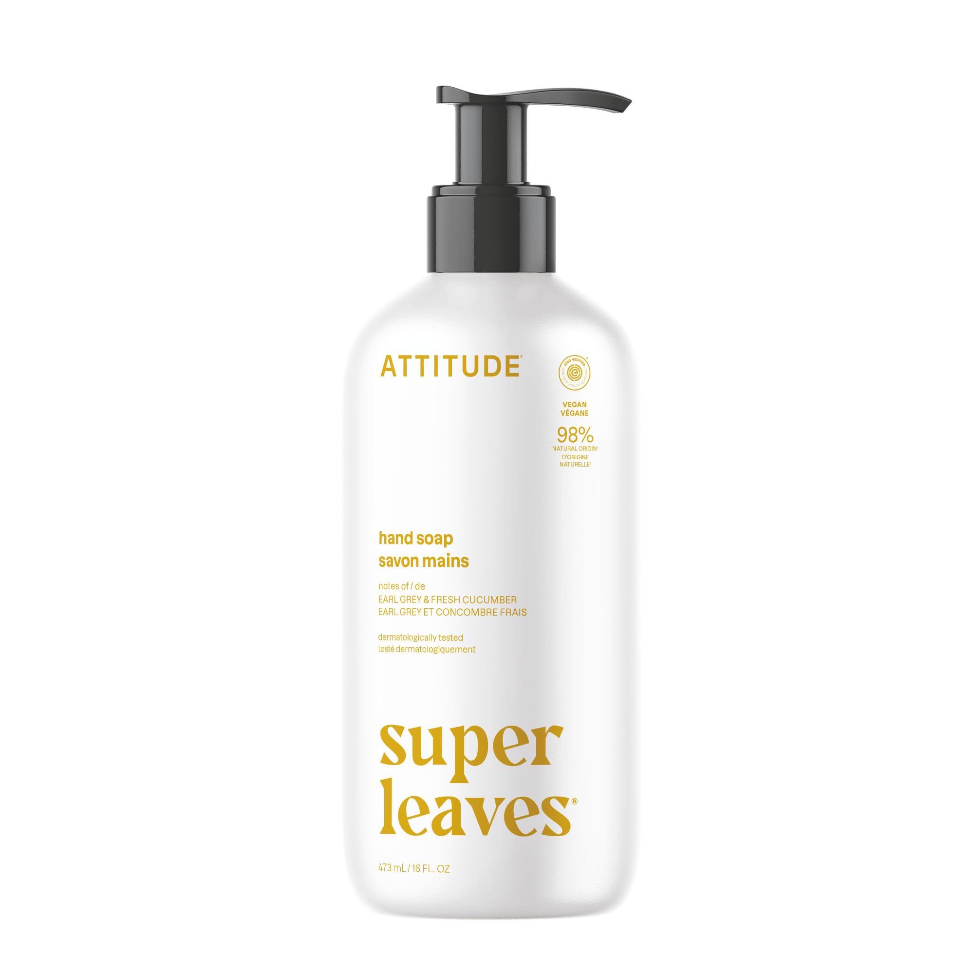 ATTITUDE Liquid Hand Soap, EWG Verified, Plant and Mineral-Based, Vegan Personal Care Products, Earl Grey & Fresh Cucumber Scent, 16 Fl Oz