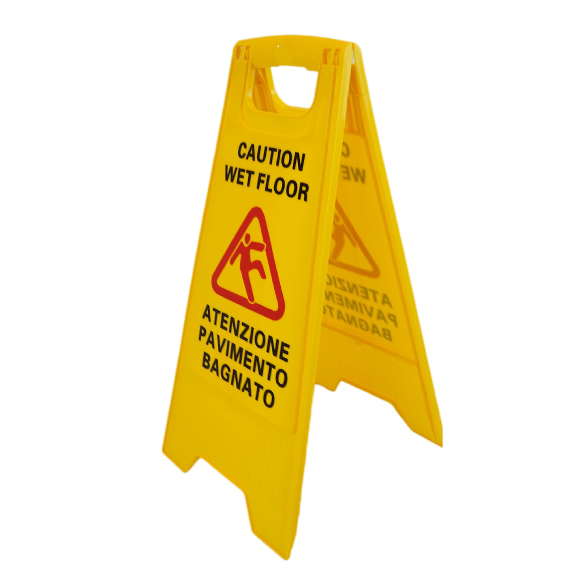 Señal Aviso profesional "Caution wet floor - Atenzione pavimento bagnato". En Inglés e Italiano. Alta visibilidad para evitar accidentes