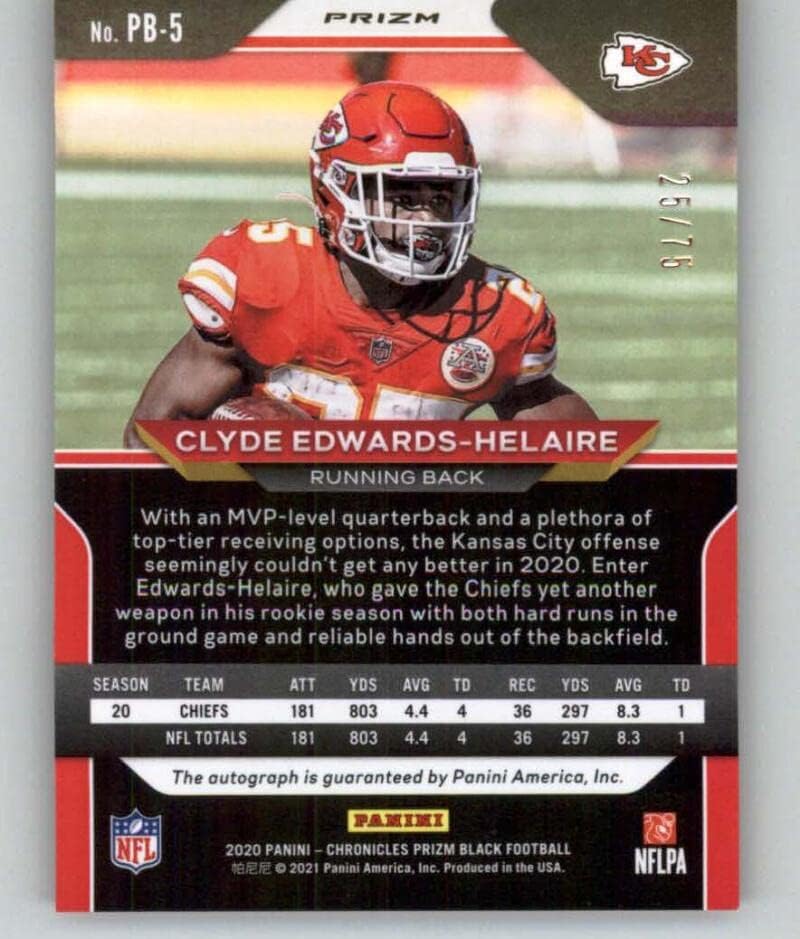 2020 Panini Chronicles Prizm Black Orange Prizm Autograph #PB-5 Clyde Edwards-Helaire RC Rookie AUTO /75 NFL Football Trading Card Kansas City Chiefs