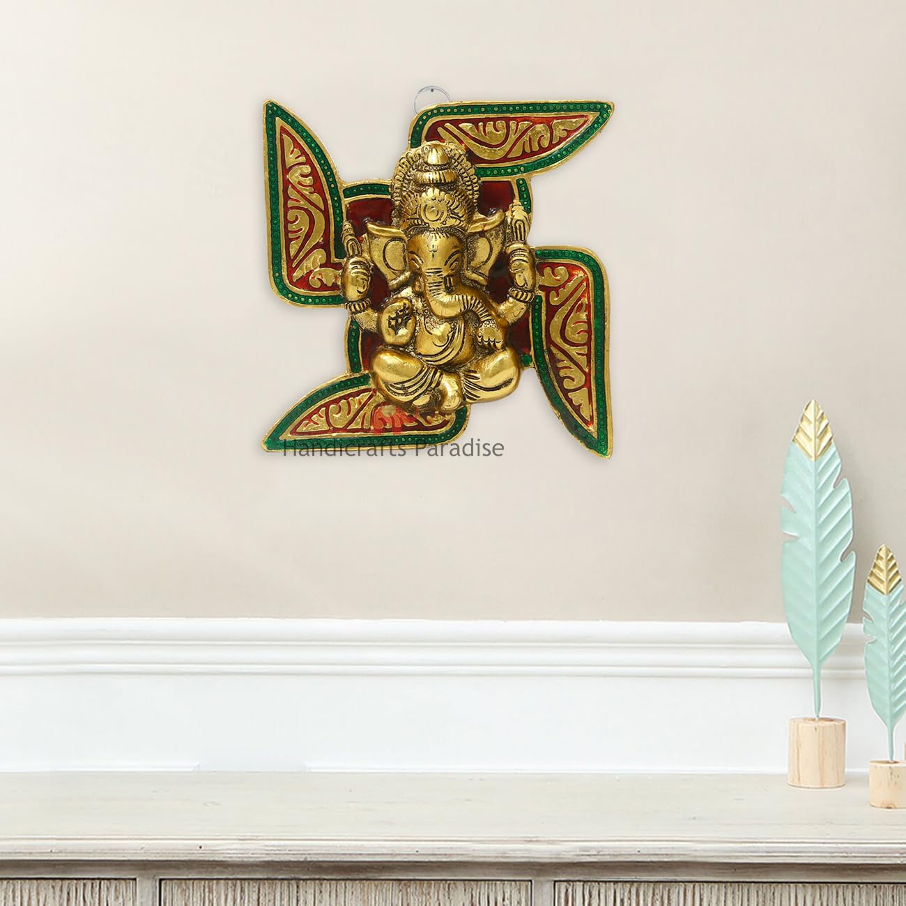 Handicrafts Paradise Ganesha Placed on Swastik Aluminium Metal