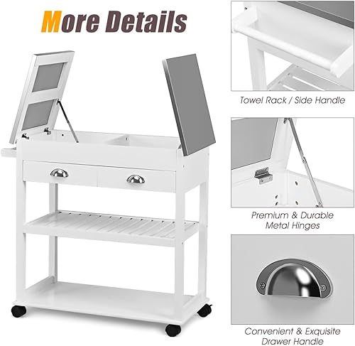 Miniatura 4 de TUOCHUFUN Islas de almacenamiento de cocina y carritos - Carrito de isla de cocina con tapa abatible de acero inoxidable 2 cajones 2 estantes
