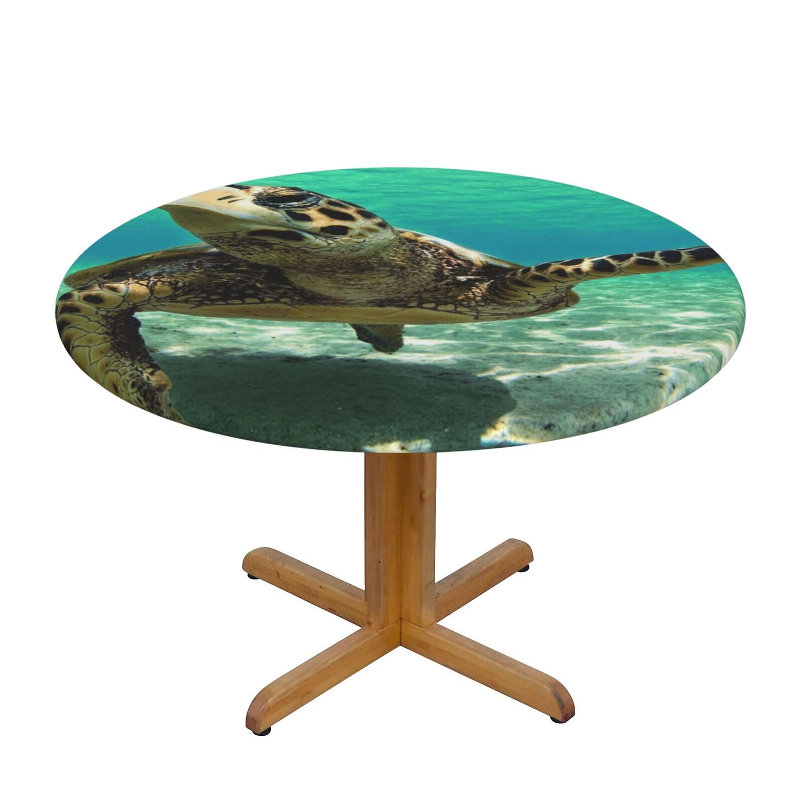 Ffshkowe Sea Turtle Elastic Round Tablecloth Oil Proof Table Cover For Dining Party Picnic