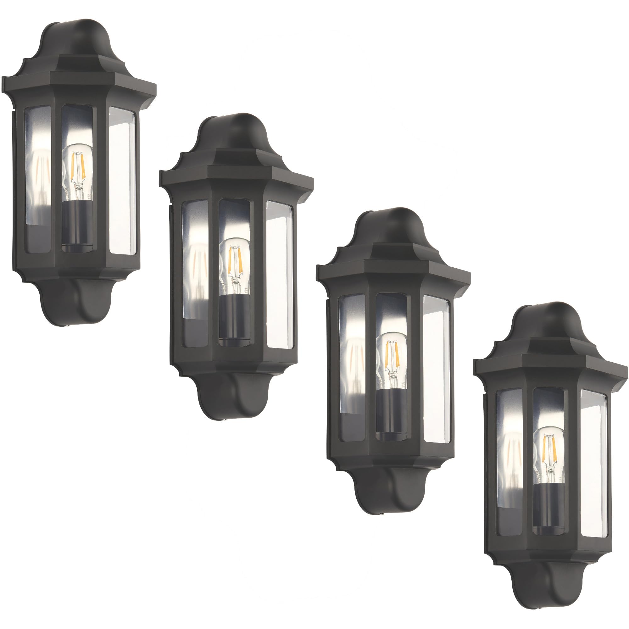 Bamboo Panda 4 x Half Lantern Wall Light Traditional Outdoor 15W LED E27 GLS IP44 Matt Garden Lamp (Black, Without PIR)