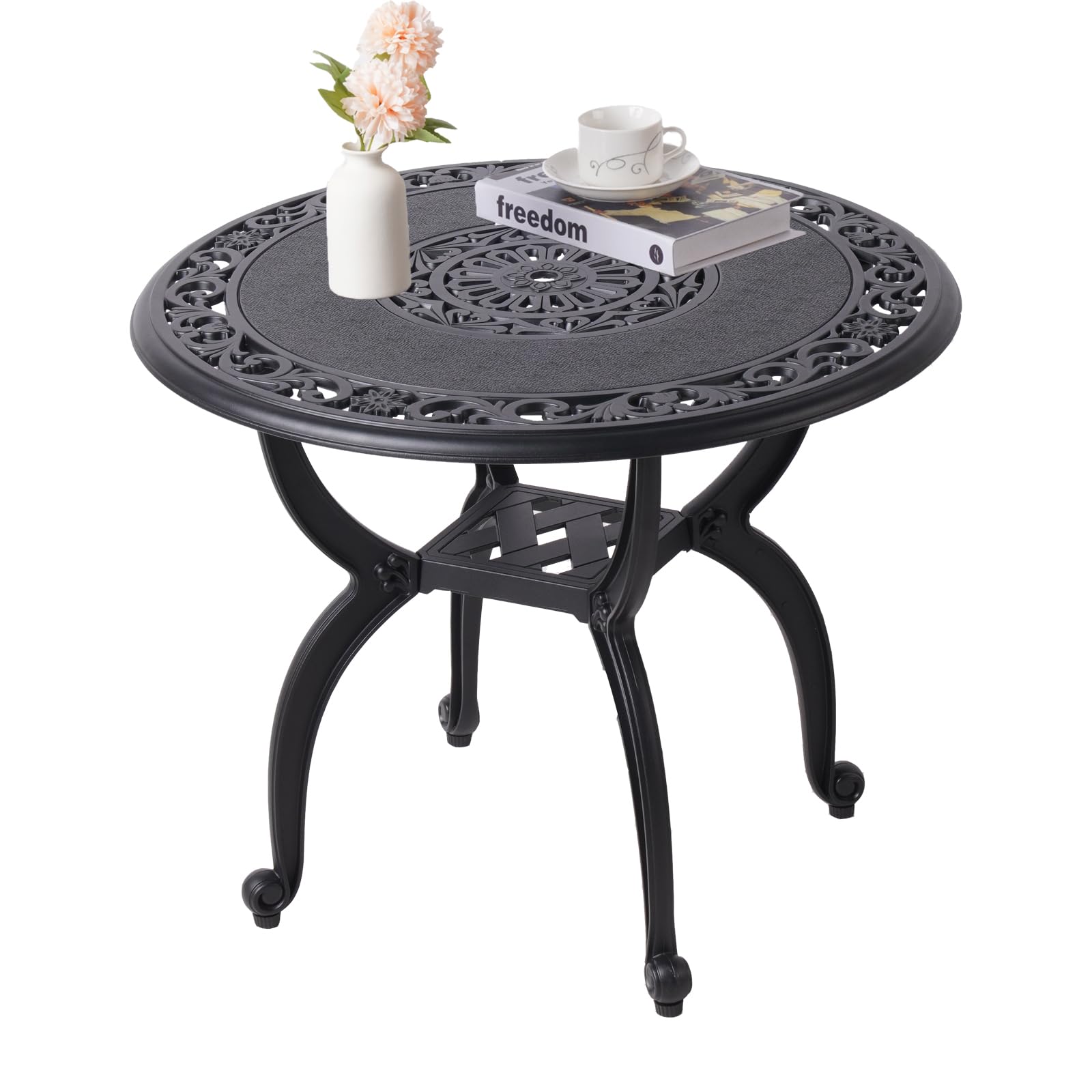 WILOUNGE Cast Aluminum Side Table for Outdoor Patio, Garden, Balcony - All Weather Coffee Table (Black, Round 24"), WIL001