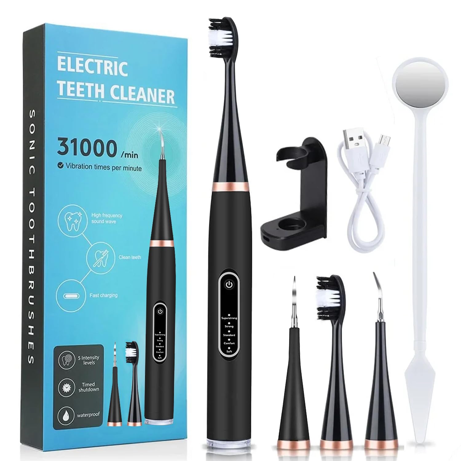 Sonic Electric Toothbrush for Adults, 5 Modes, Teeth Whitening Kit 2 Brush Heads, 2 Cleaner & Battery Last up to 30 Days, teeth cleaner plaque remover, IPX7, Electric Power Tooth brush (black)