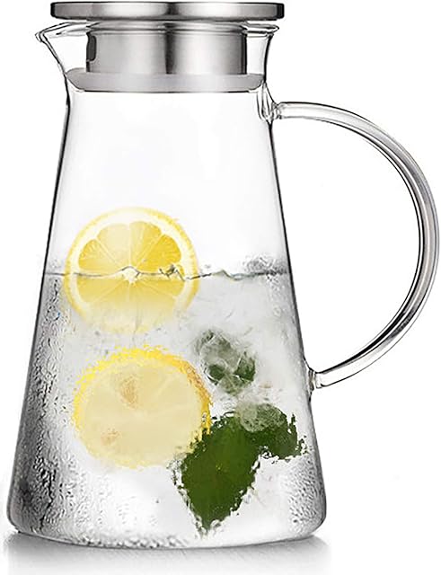 WUWEOT 2 Liter Glass Pitcher with Lid, Large Hot Cold Water Pitcher Carafe Jug with Handle for Home Kitchen Milk Juice and Iced Tea Beverage Pitcher