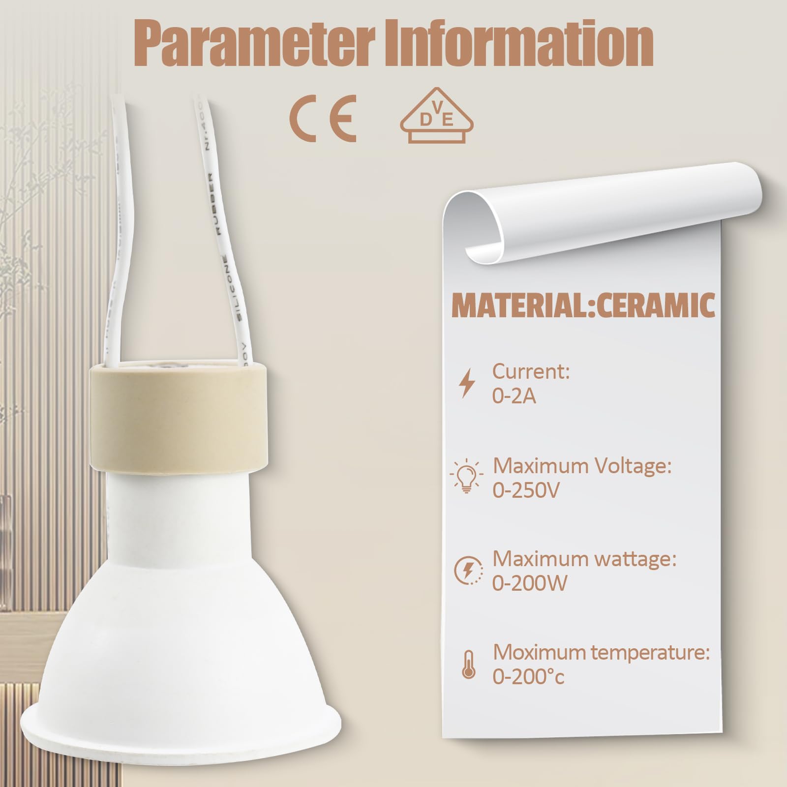 Oprawka GU10, oprawka lampy z ceramiki, z wysokiej jakości kablem silikonowym 12 cm, przyłączane oprawki do lamp LED GU10 i halogenów, VDE, 10 sztuk