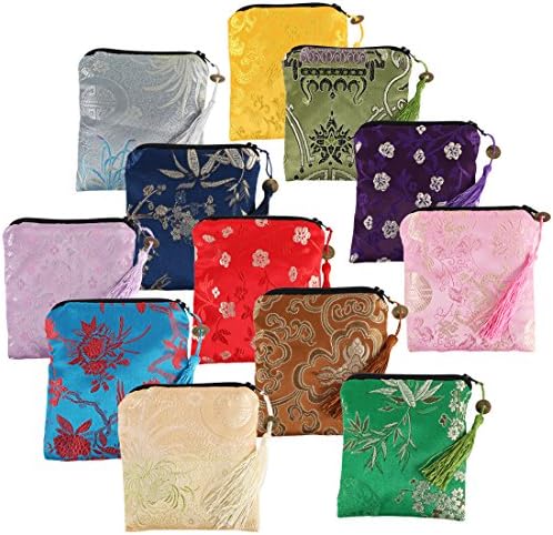 kilofly 12 pc Silk Brocade Tasseled Coin Purse Zipper Jewelry Bag Gift Pouch Set