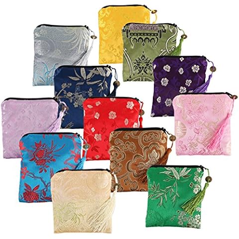 kilofly 12pc Silk Brocade Tasseled Coin Purse Zipper Jewelry Pouch Bag Value Set Cover