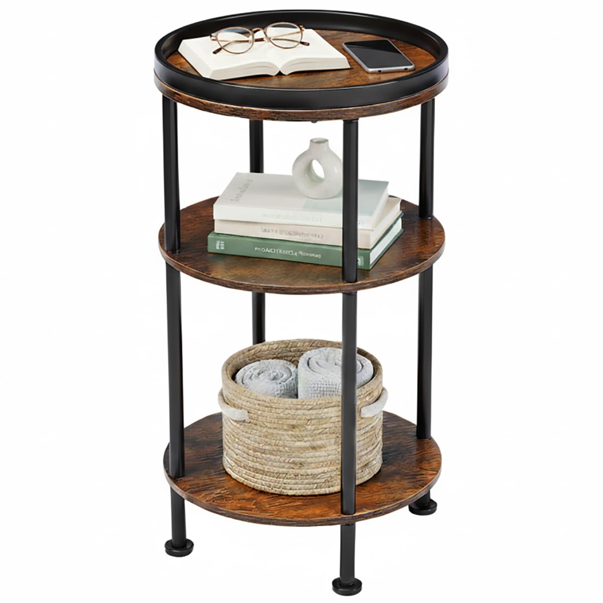 Small Round End Table for Narrow and Small Space, 3-Tier Round Accent Couch Beside Table, Modern Side Table Corner Sofa Table Vintage Nightstand for Living Room Bedroom,Easy Assembly