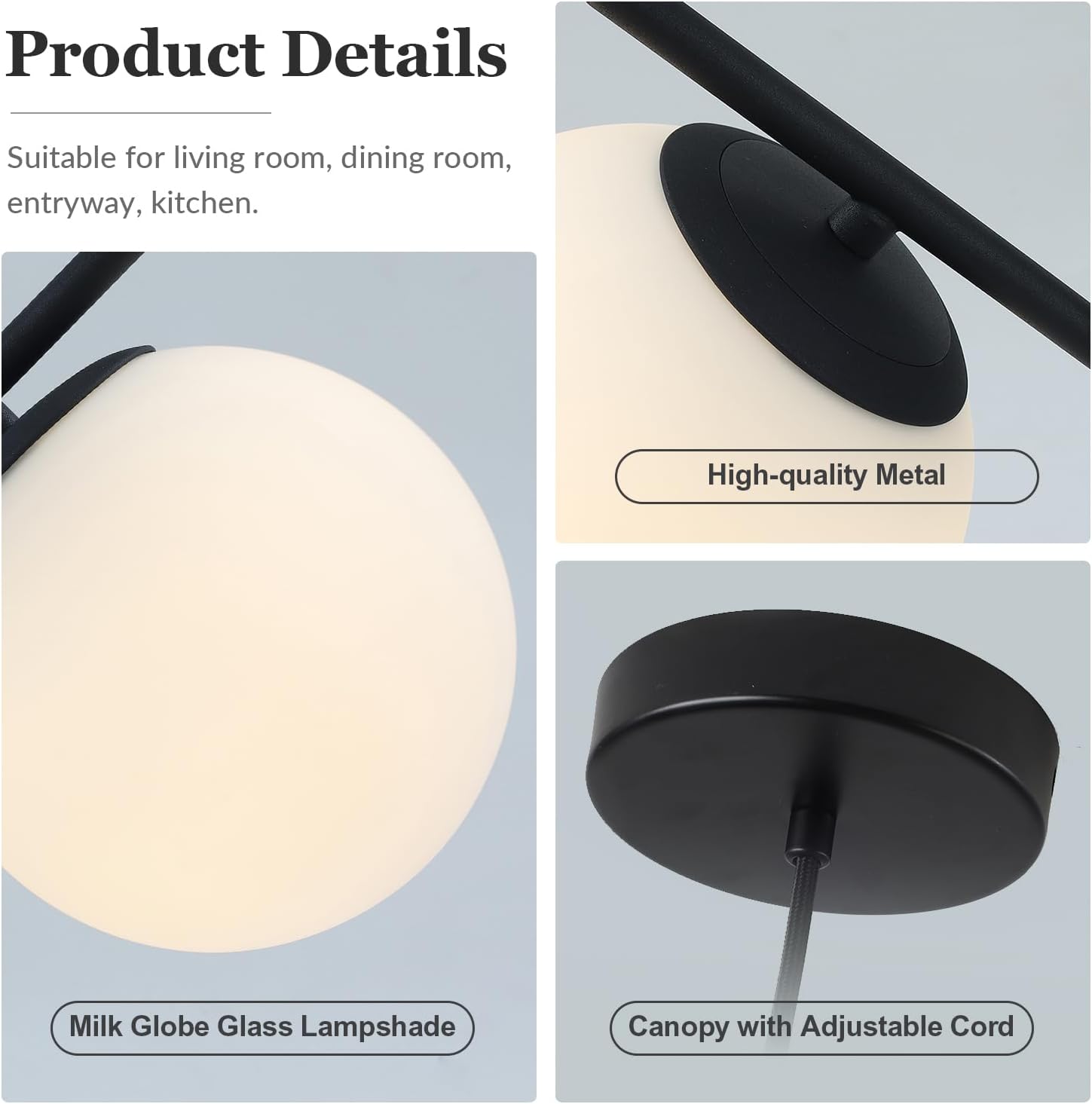 Modern Pendant Light, 1-Light Black Glass Globe Ceiling Pendant Lamp, Bedside Matte Hanging Pendant Light Fixtures for Bedroom Living Dining Room Kitchen