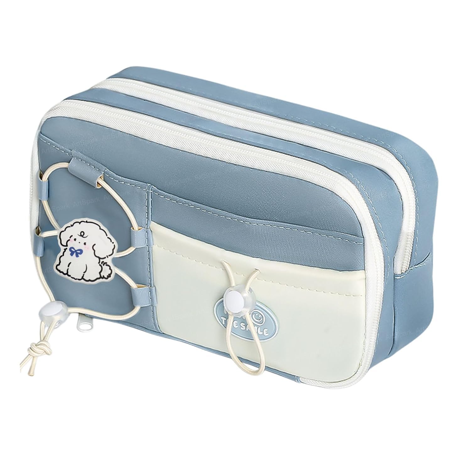 Pencil Pouch for Girls – Aesthetic Multi-Compartment Zipper Pouch with Drawstring Pocket, Cute Kawaii Pencil Case, Stylish Stationery Pouch, Return Gift for Kids & School Use (Nice Day Blue)-image-2
