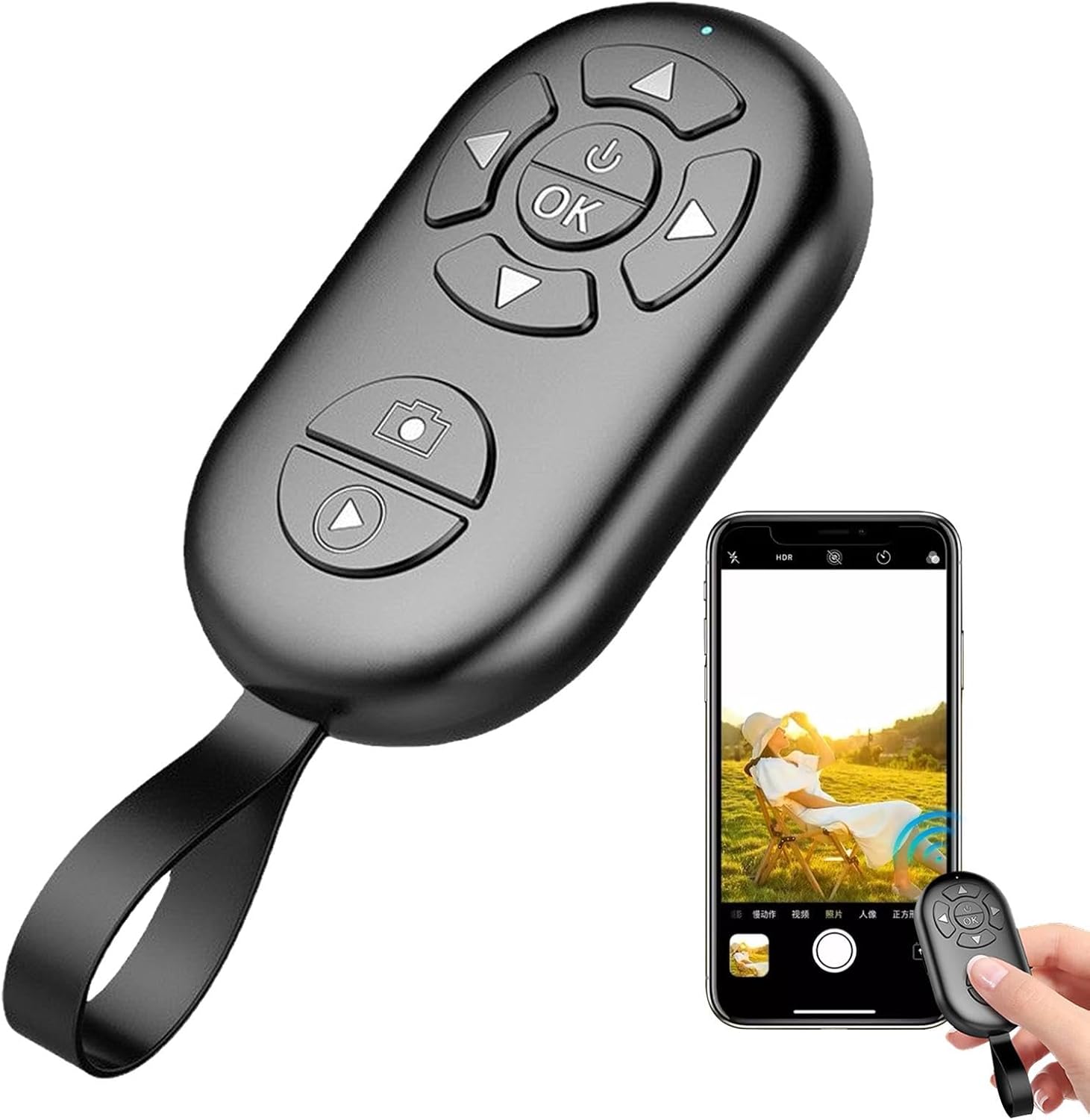 Exploded view of the wireless remote control showing its internal battery and circuit board, with text indicating '20,000+ photos' and 'No need to change batteries'.