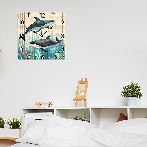 Miniatura 6 de Reloj de pared decorativo rústico de 12 x 12 pulgadas, reloj de pared de PVC con acuarela, ballena, vintage, náutico, costero, para pared, playa