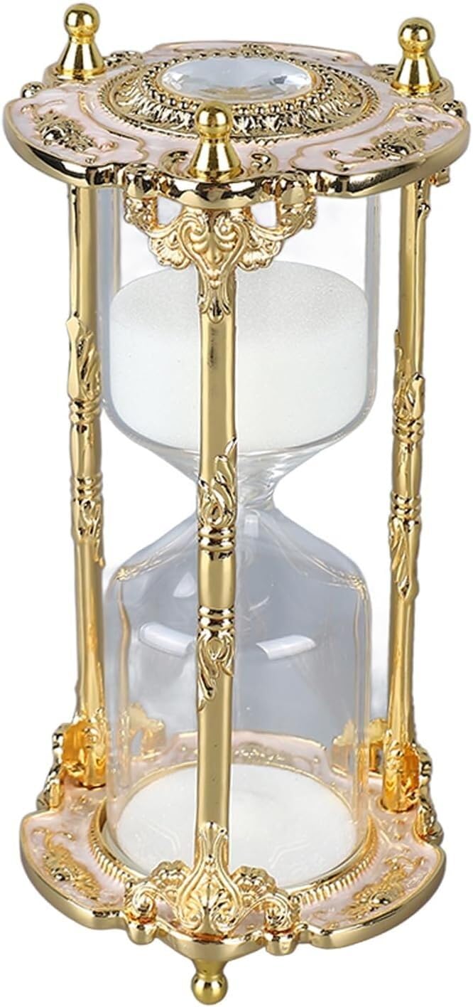 Pyenhdi White With Gold Hourglass Sand Timer, Antique Metal Elegant 15 Minutes Decorative Sand Timer Clock Watch(White With Gold)