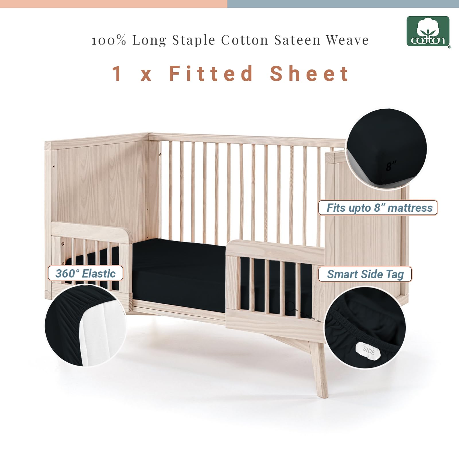 Pizuna Travel Cot Fitted Sheet 60 x 120 cm, Black, 400 Thread Count 100% Long Staple Cotton Fitted Bed Sheet - Image 3