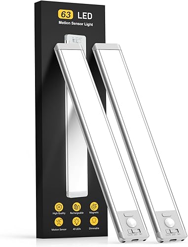 Miniatura 1 de Luces para debajo del gabinete, 40 luces LED recargables con sensor de movimiento para interiores, paquete de 2 luces magnéticas regulables para