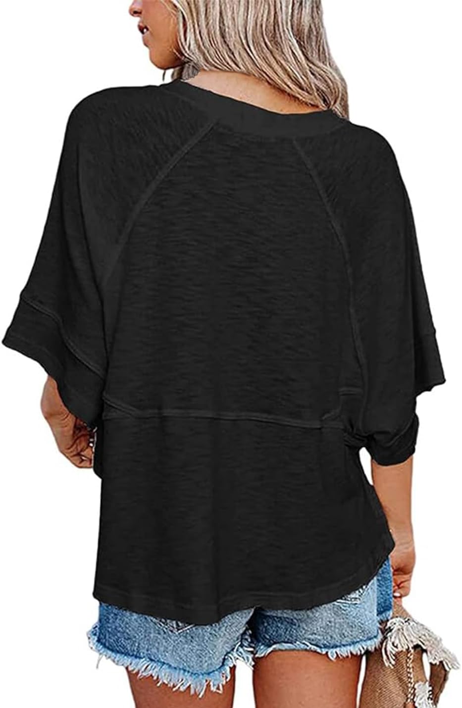 Womens Fashion T-Shirt Crewneck 3/4 Sleeves Solid Color Loose Basic Tops Summer Casual Tees Blouses(Black,S) - Image 4
