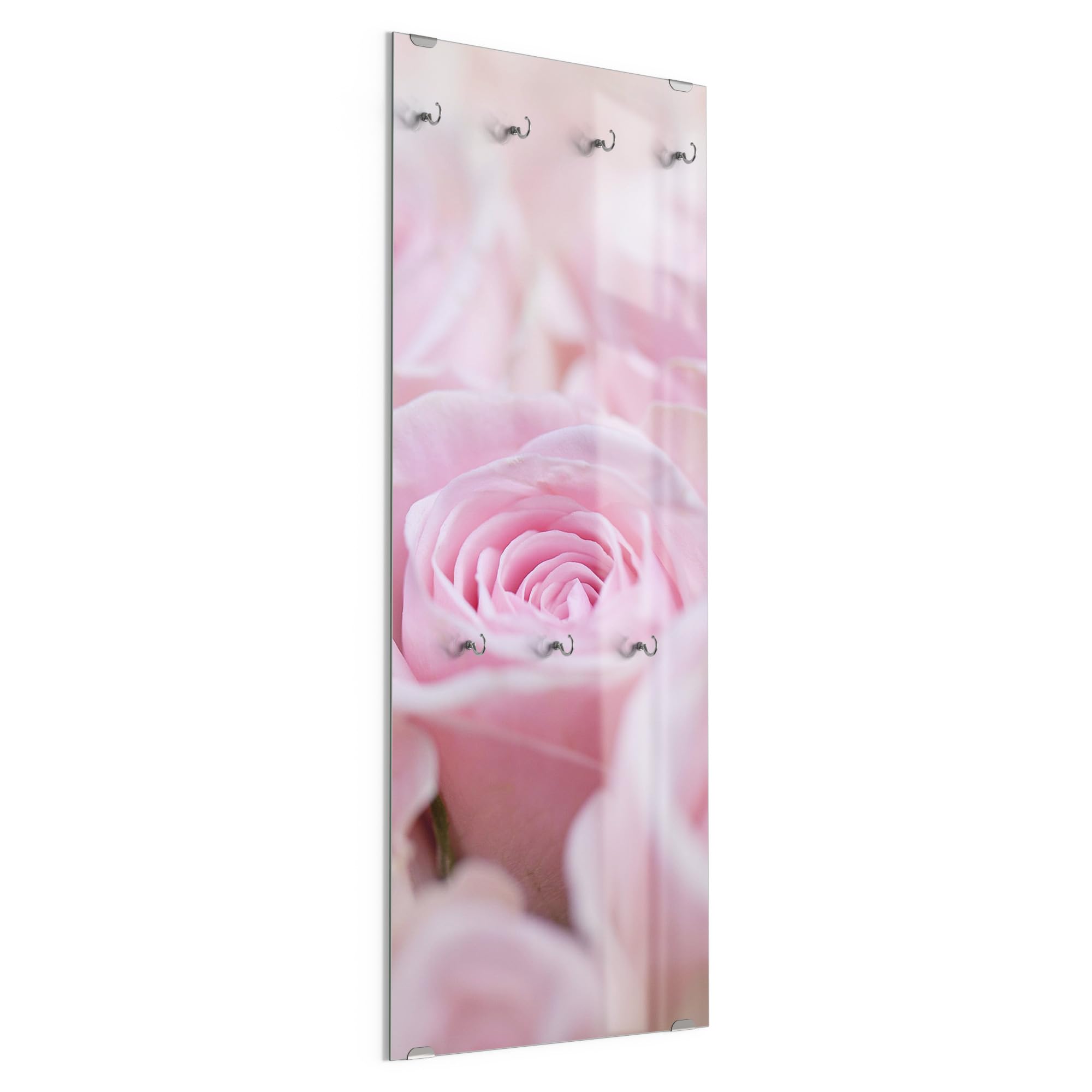 DEQORI Wieszak na ubrania ze szkła z nadrukiem motywu, wzór pionowy, 50 x 125 cm, motyw delikatnych płatków róży, szkło bezpieczne ESG z 7 haczykami, możliwość zapisywania i łatwe w montażu – łatwe w