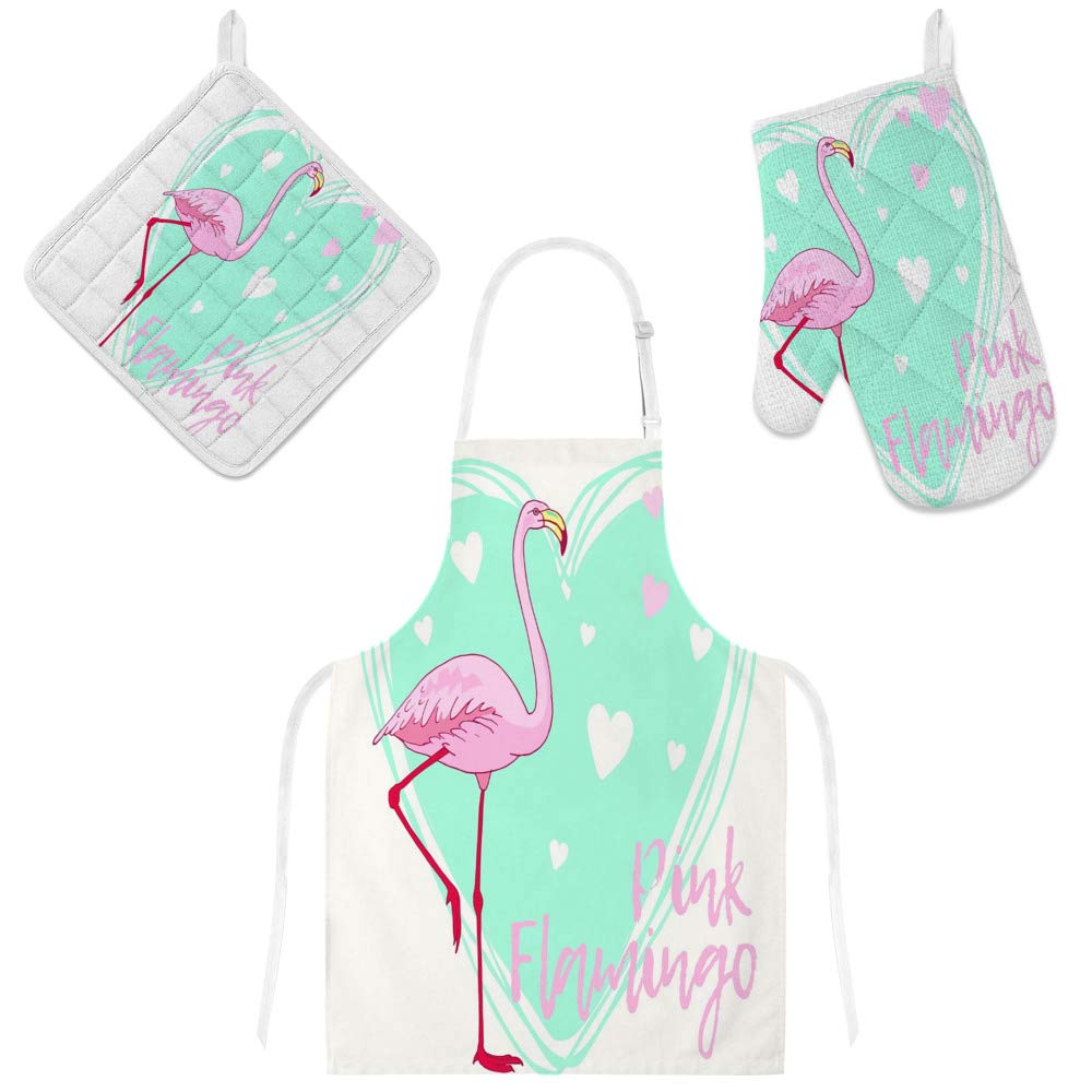 Tablier de cuisine réglable flamant rose avec gant micro-ondes et manique imperméable