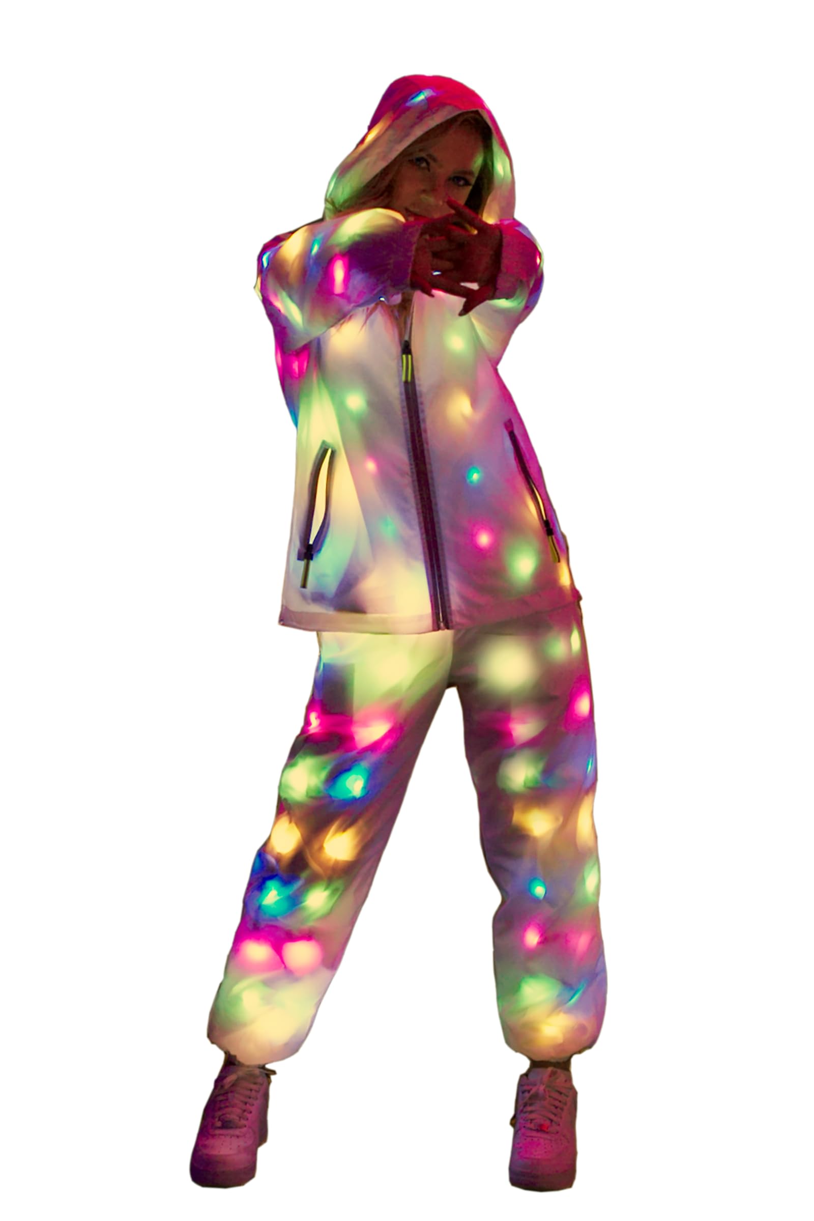 Giacca con cappuccio con luce a LED, per donne e uomini, 3 modalità (lampeggio lento/lampeggiante veloce/fisso), lavabile, per feste e rave