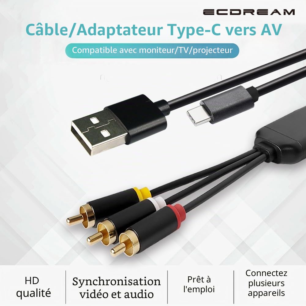 Adaptateur USB C Vers RCA Avec USB A (Chargement) - Câble Type C Mâle Vers 3 RCA Mâles Pour TV (L3C)