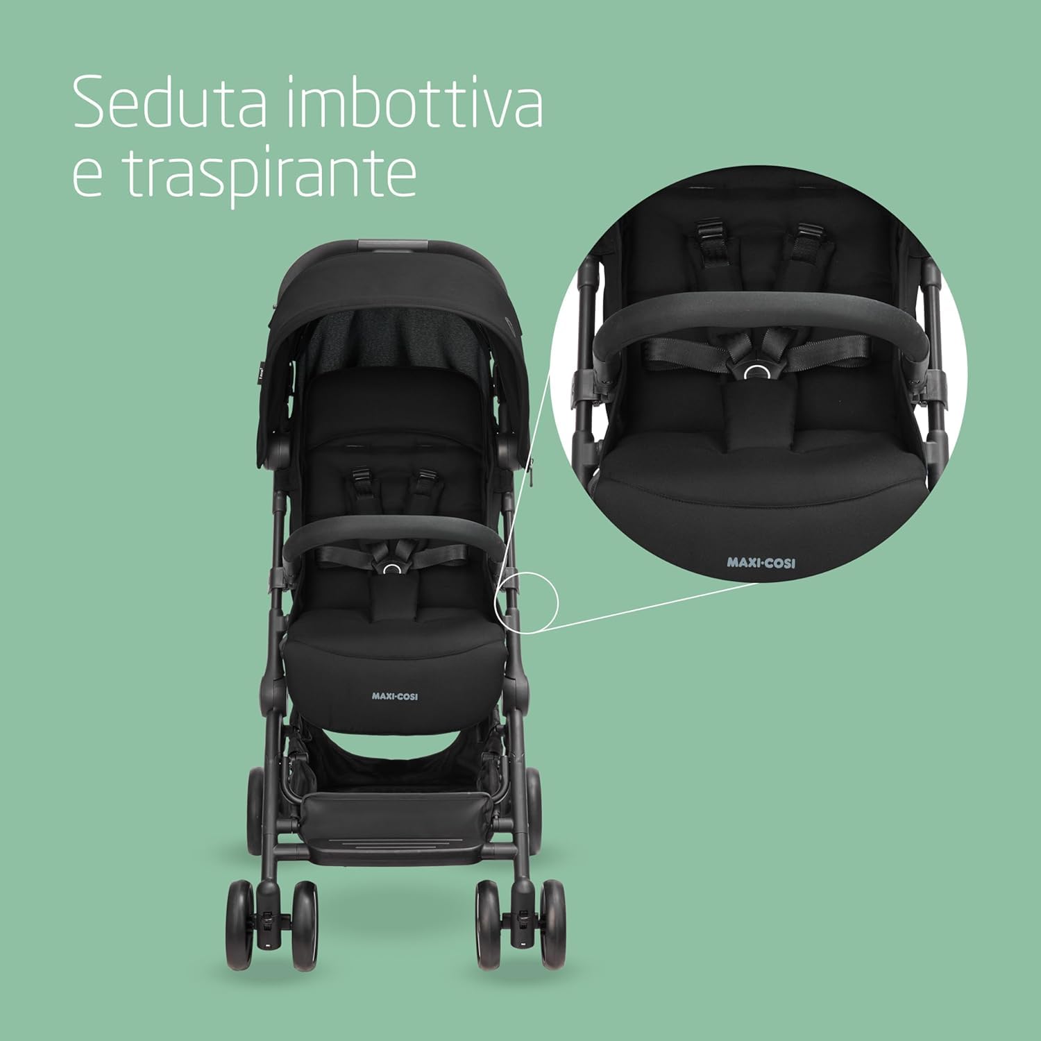 Maxi-Cosi Lara2 Passeggino Leggero per Bambini 0 - 4 anni, 0 - 22 kg, Passeggino da Viaggio Pieghevole Chiusura Compatta, Reclinabile 3 Posizioni, Tessuti Traspiranti, 2 Cestelli, Essential Black