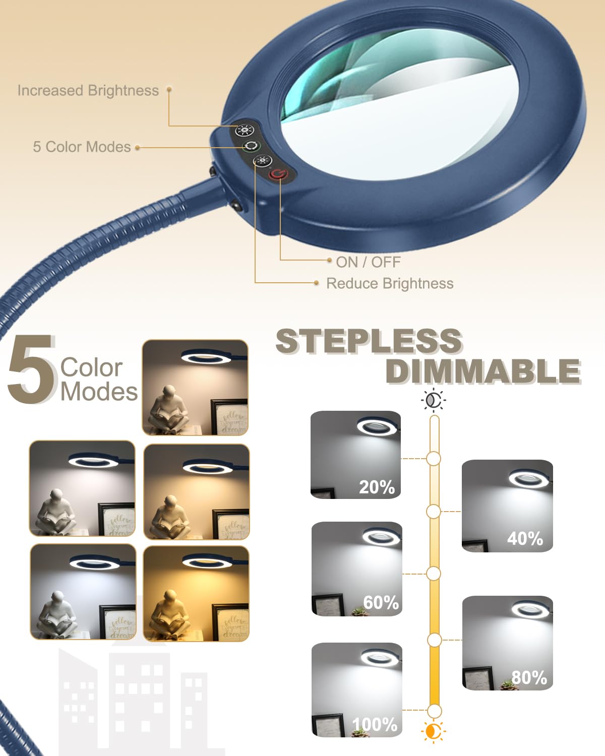Veemagni 10X Magnifying Glass with Light and Stand, 5 Color Modes Stepless Dimmable LED Lighted Desk Lamp, Hands Free Flexible Gooseneck Magnifier with Light for Craft Hobby Painting Close Work, Blue - Image 3