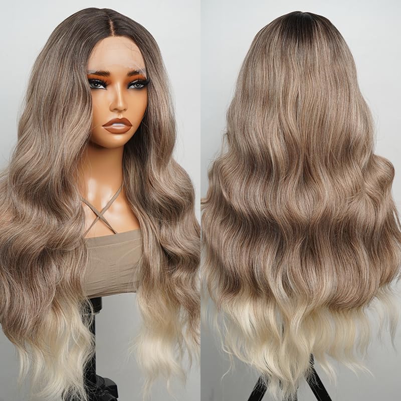 Alipearl Hair Long Ombre Blonde Lace Wigs For Women 26 Inch Honey Blonde T Part Lace Front Synthetic Hair Wig Natural Wave Middle Part Heat Resistant Synthetic Wigs