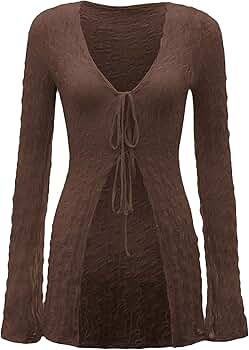 Verdusa Women's 90s Top Bell Long Sleeve Tie Front Textured Sheer