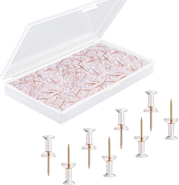 100 Pieces Push Pins, Rose Gold Thumb Tacks Clear Push Pins Map Pins Drawing Pins Wall Push Pins with 1 Storage Box for Cork Notice Board