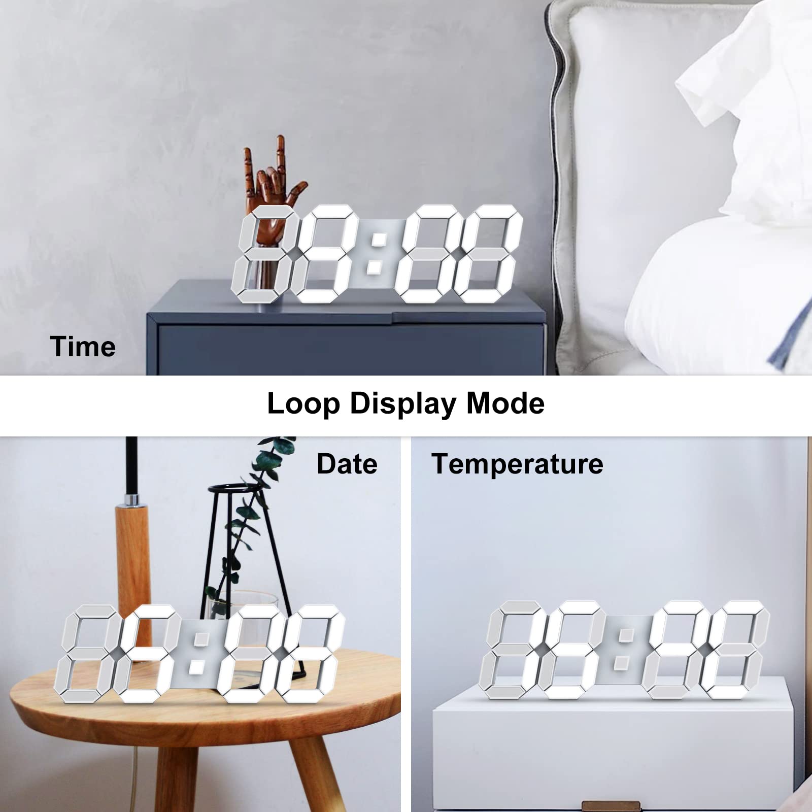Deeyaple Led Digitale Wekker 3D Kleine Wandklok Geen Ruis Snooze Dimbaar Tijd Geheugen 12/24 Datum Temperatuur Afstandsbediening Nachtlampje Kantoor Keuken Woonkamer Slaapkamer (Wit, 38CM