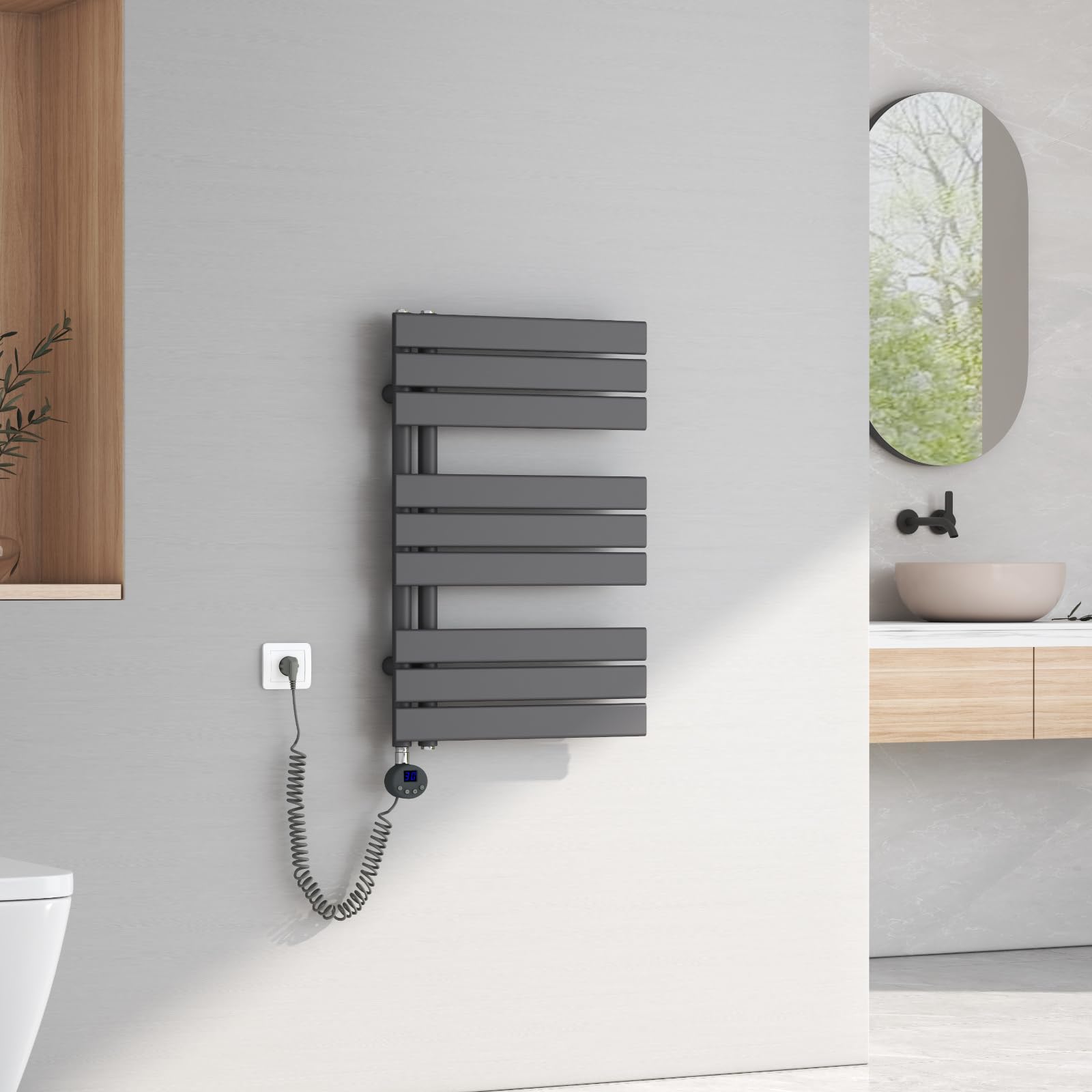 EMKE Scaldasalviette elettrico con elemento riscaldante wifi termostatato,762x500mm 400W，Pannello asciugamano elettrico con asta di riscaldamento con timer, Antracite