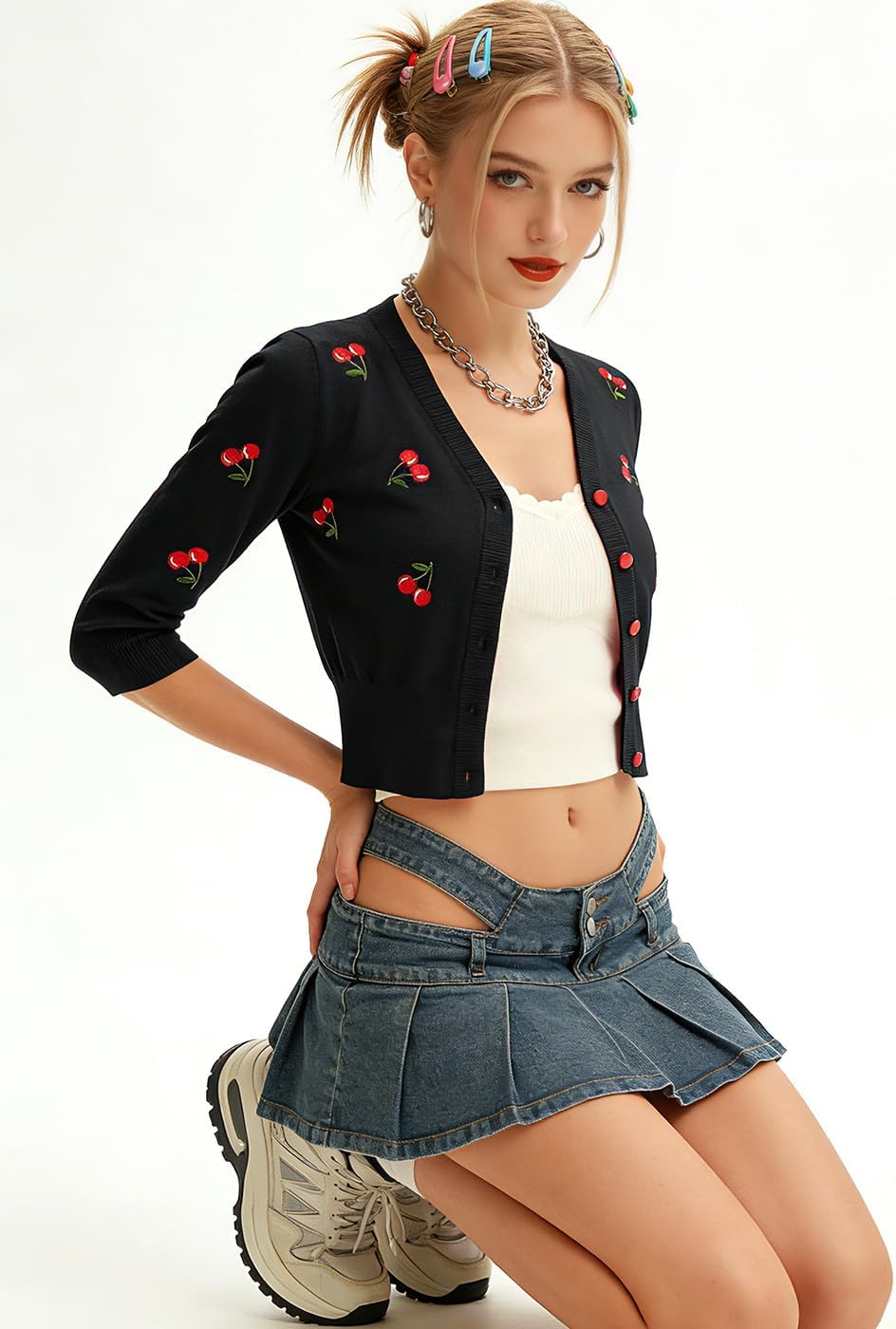 Belle Poque Women's 3/4 Sleeve V-Neck Button Down Cherries Embroidery Cropped Cardigan Sweater Coat - Image 3