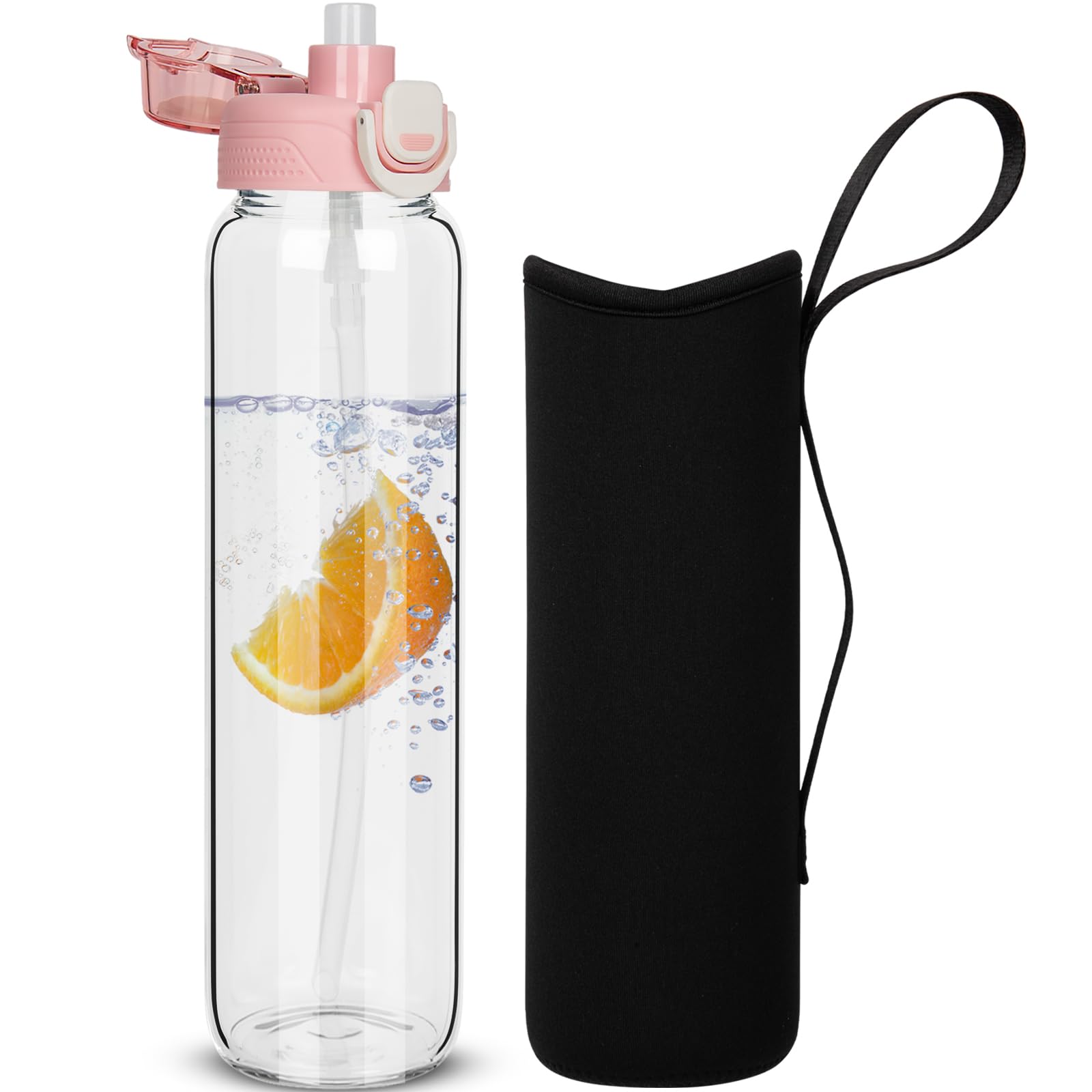 DEARRAY 1l Glass Water Bottle with Straw & Neoprene Sleeve 1 litre BPA free Glass Drinking Bottle Leakproof