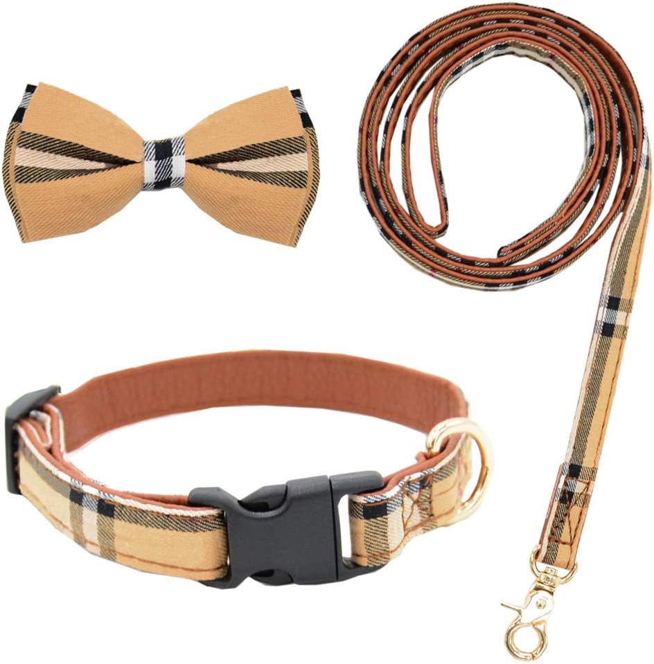 Bow Tie Dog Collar with Leash Set Classic Plaid Adjustable Dogs Collars with Removable Bow Tie for Small Medium Large Dogs