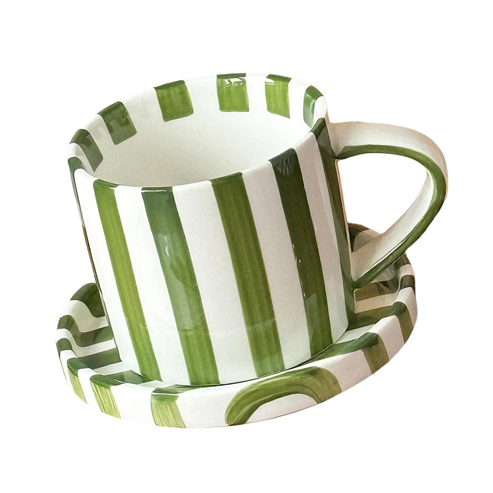 Kaeltsyn 5Inch Elegant Striped Ceramic Coffee Mugs and Saucer Set Feature Comfortable Grip and Multifunctional for Home Use Comfortable Grip