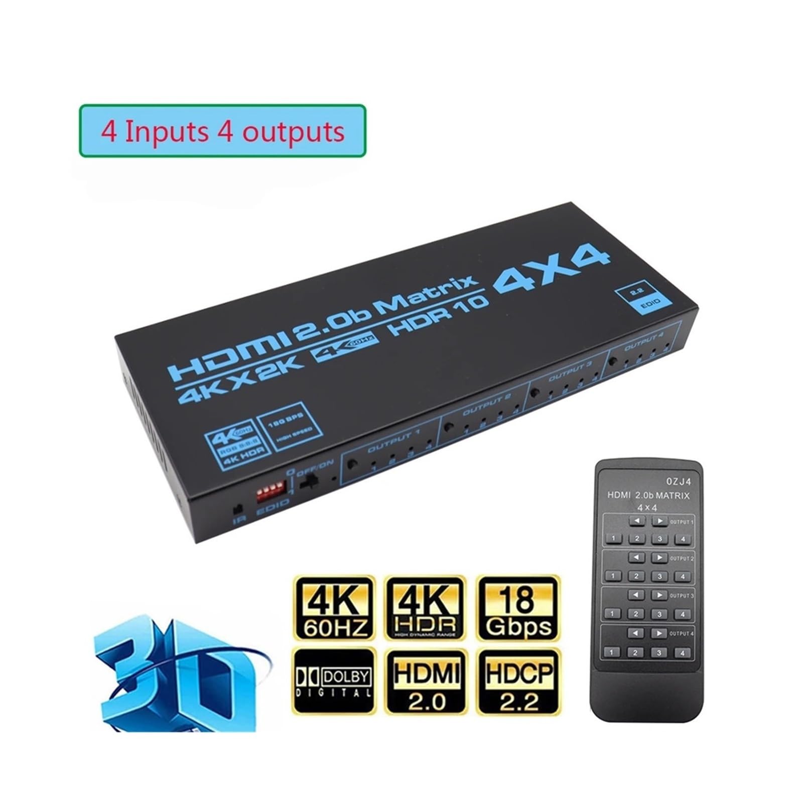4x4-kompatibler Matrix Switch 4K HDR HDTV-kompatibler Matrix Switcher Splitter 4 In 4 Out Box HDCP 2.2 für Gaming-Streaming und Multi-Source-Aufnahme