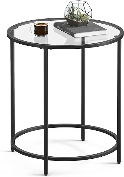 VASAGLE Round Side Table, Glass End Table with Metal Frame, Black Coffee Table with Modern Style, for Living Room, Balcony, Bedroom, Black Black 1