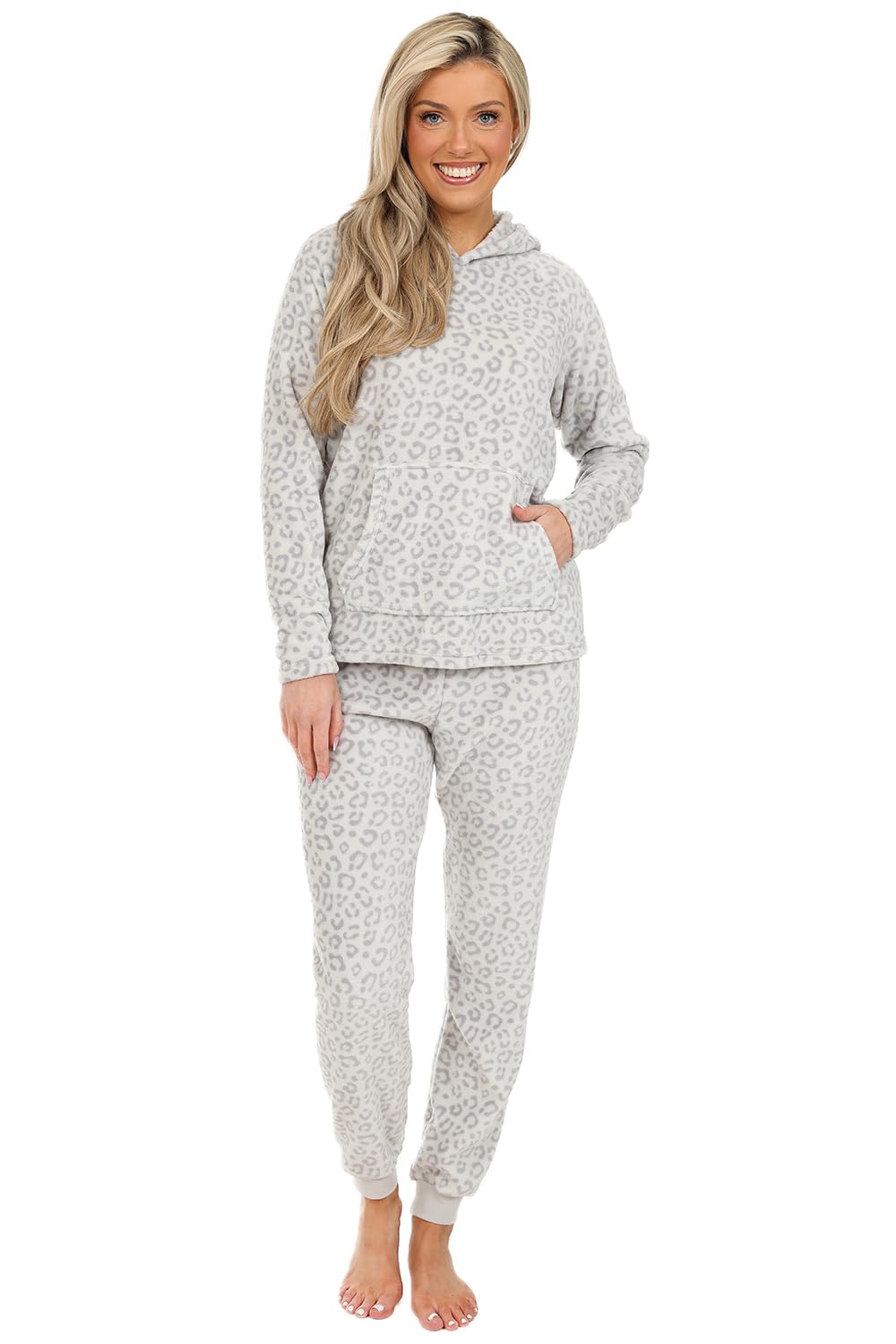 ThePyjamaFactory Womens Grey Leopard Print Long Fleece Pyjama Set Ladies Pjs