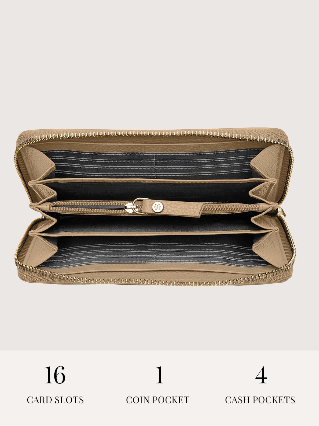 Lazarotti Bolonia - Cartera Grande de Piel para Mujer, Bolsillo Grande con Cremallera, 16 Ranuras para Tarjetas, Monedero, protección RFID, 19 x 4 x 10 cm, Arena, Talla única, Clásico