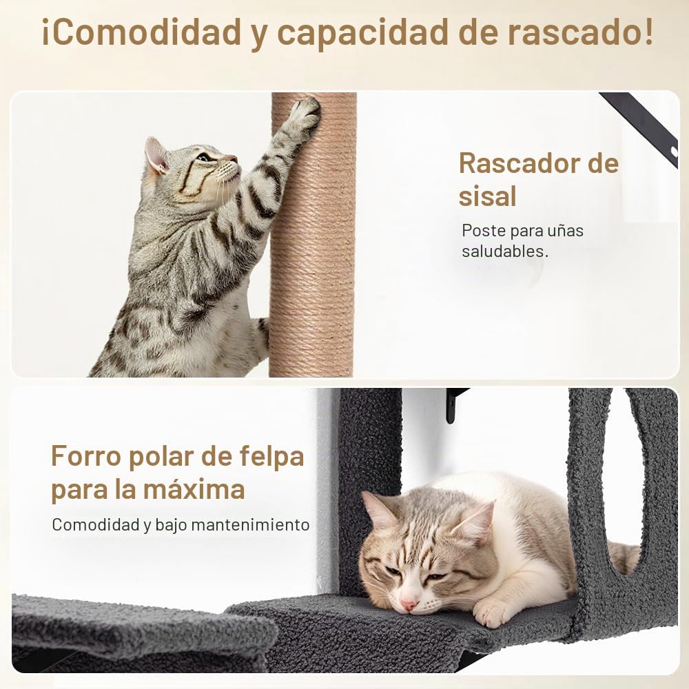PawGiant Estantes 5 en 1 para gatos, juego de muebles de pared de madera para escalar gatos, con estante montado en la pared, postes rascadores de árbol para gatos y rascador para gatos de interior