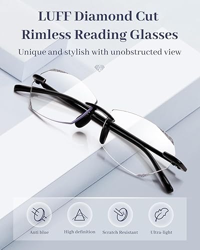 Miniatura 6 de LUFF Anteojos de lectura sin montura para mujeres y hombres, ligeros, clásicos, elegantes, con borde cortado de diamante, lectores de luz azul,