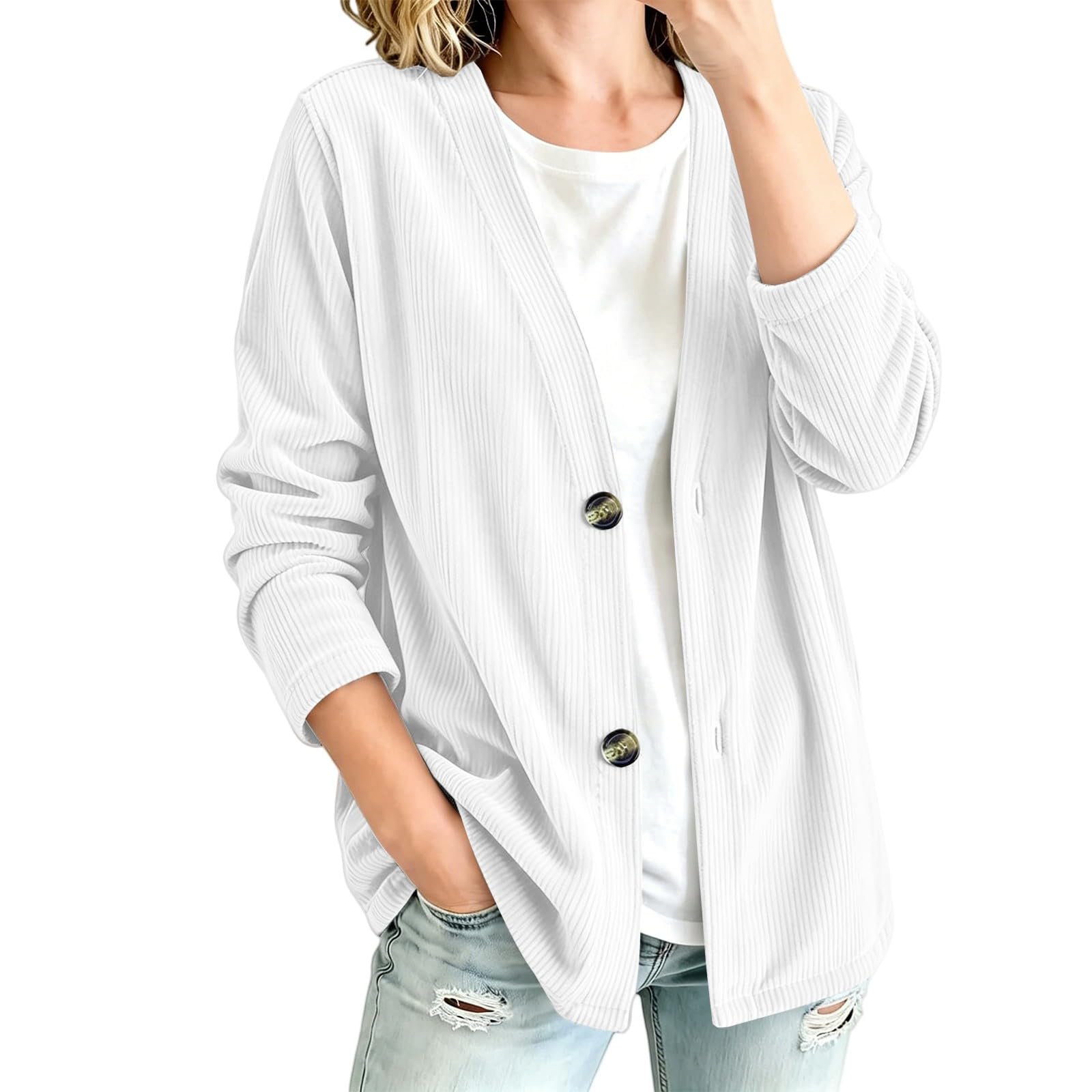 Cardigan da donna autunnale, a coste, alla moda, corto, elegante, a girocollo, leggero, sottile, con bottoni, con tasca, maniche lunghe