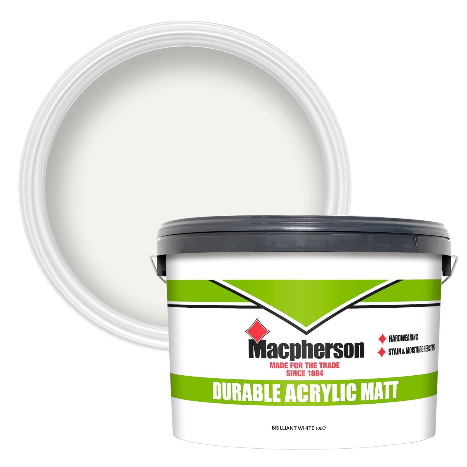 Macpherson (Crown Trade Paints) Durable Acrylic Matt - Brilliant White - 10L Tub | Stain & moisture resistant