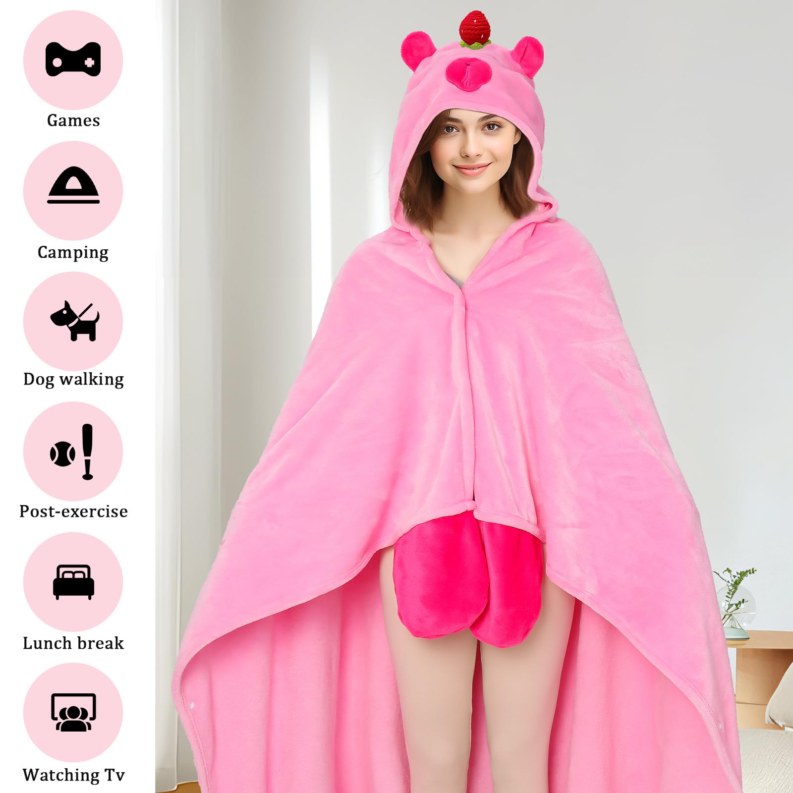 MSISILY Coperta con cappuccio indossabile da donna, morbida mantella avvolgente in pile e felpa con cappuccio Sherpa, Capibara Rosa, 160X130 cm