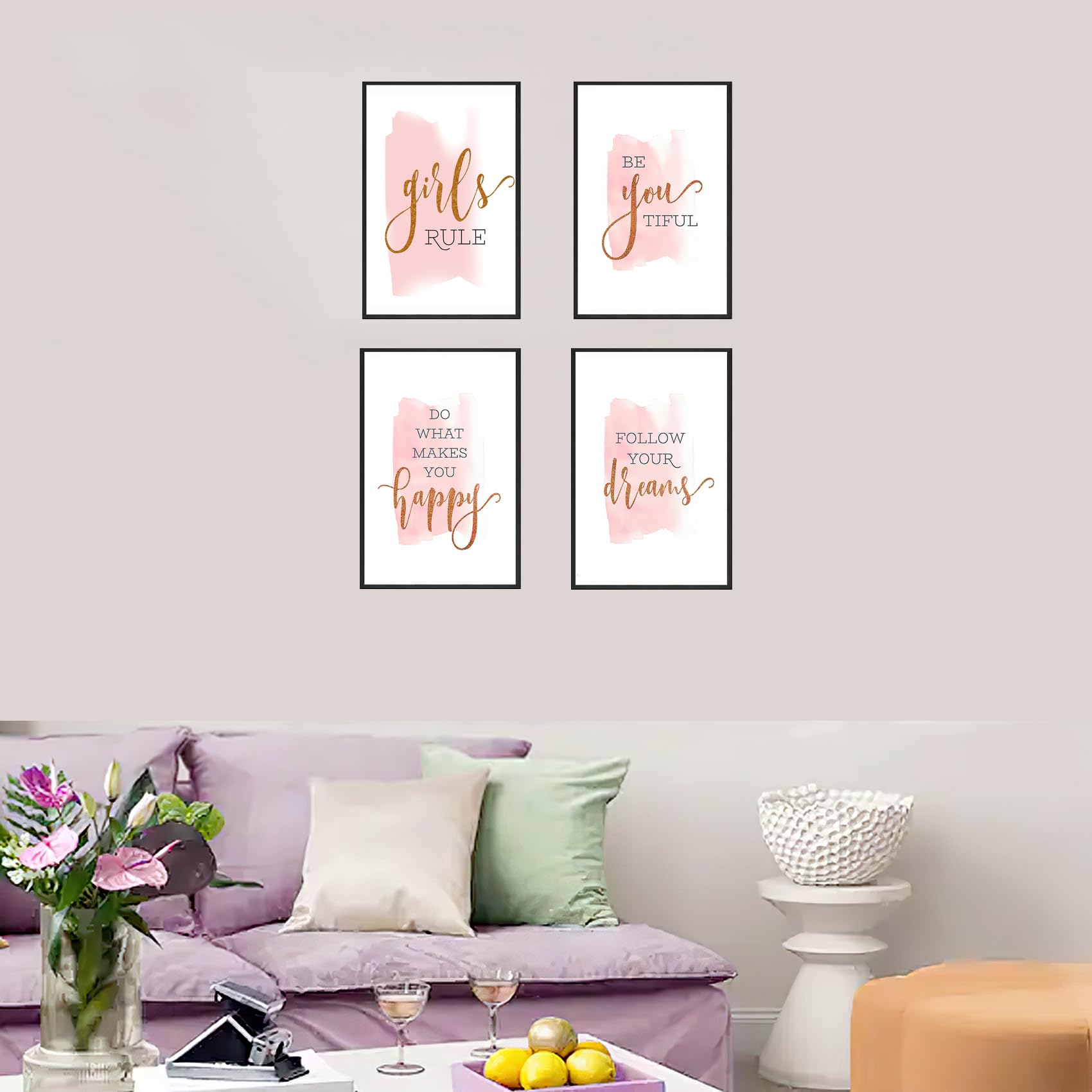 KLPOARTQ Set of 4 Framed Inspirational Pink Quotes Canvas Wall Art Nordic Posters Prints Pictures for Girls Bedroom Living Room Home Decor - Image 4