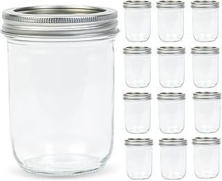 12 Pack 16 oz Wide Mouth Clear Mason Jars with Silver Metal Lids, Cannin...
