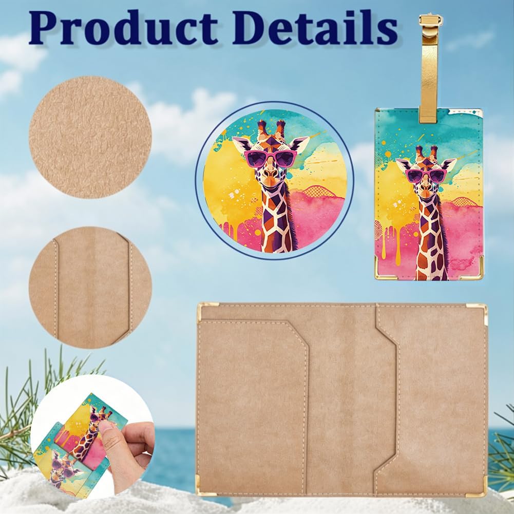 Leather Passport Holder for Travel Giraffe Pattern 5.5 x 4.1 x 0.2 Inch Cute Funny Passport Cover with Luggage Tag Animal Durable Wallet Card Protector Stylish Accessories for Women Men image 5