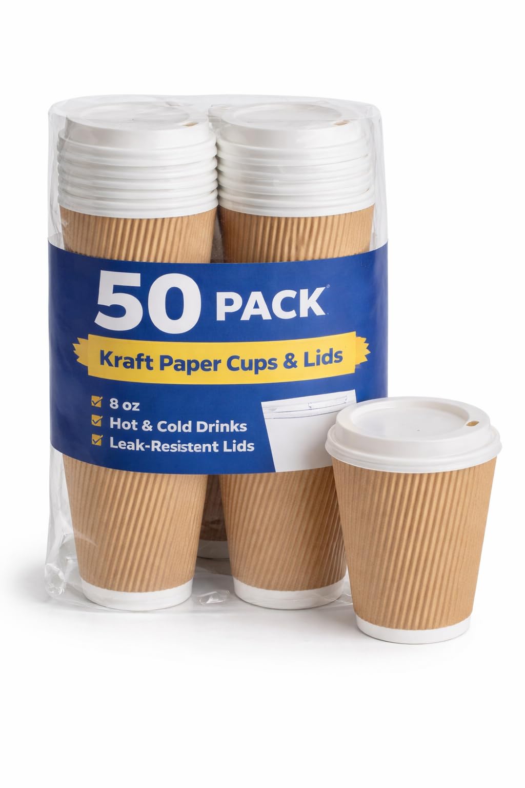 E Greenwize Ripple Wall Paper Cup with Reclosable Lid, Kraft Brown, White PP Lid, Disposable Coffee Cup (Pack of 50, 8, Ounces)